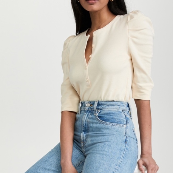 Rebecca Minkoff Janine Puff Sleeve Cotton Henley Top Cream M Casual Feminine - Picture 3 of 13